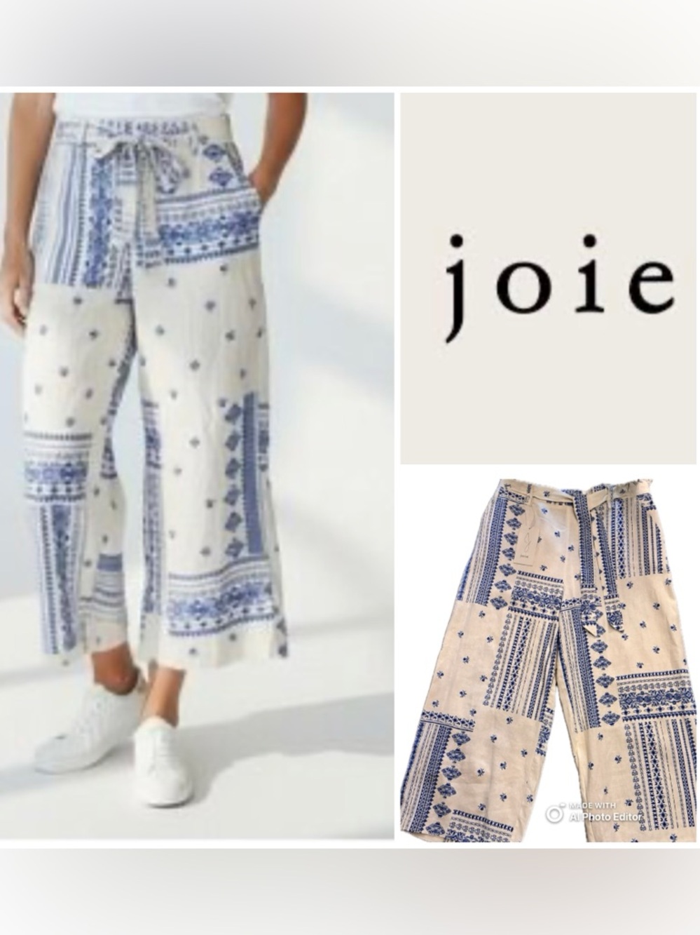 Joie White and Blue Patchwork Wide-Leg Tie-Waist Pants